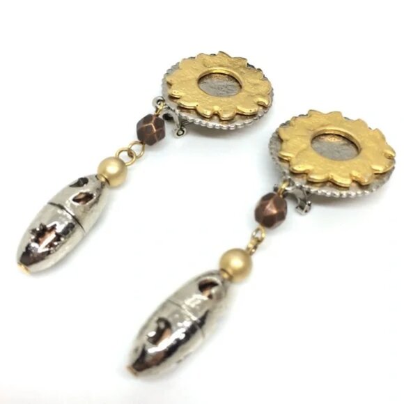 VINTAGE LIZ CLAIBORNE CELESTIAL MIXED METAL DANGLE EARRINGS CLIP ON 80S SUN MOON - Picture 8 of 14